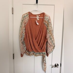 Blu Pepper Rust Knit Wrap Top with Floral Balloon Sleeves
